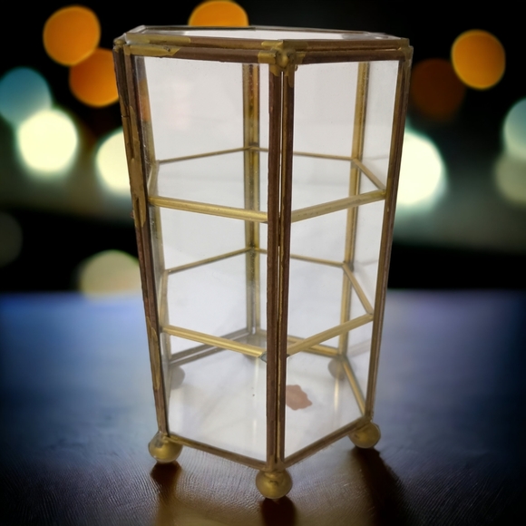 Vintage Glass Curio Cabinet Mini Brass Octagon 70s 80s Jewelry Trinket Box - Picture 7 of 16
